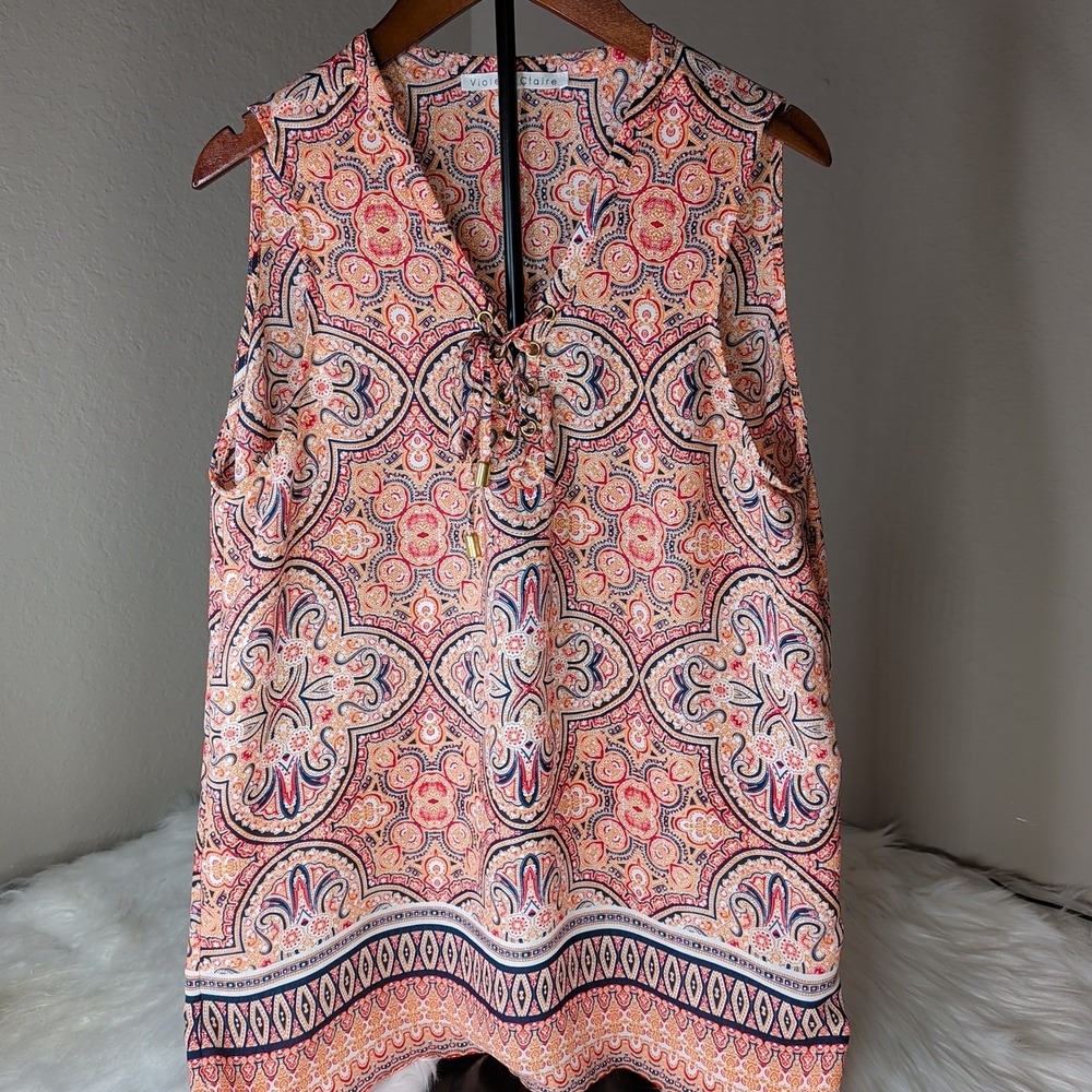 Violet Claire Blouse Women L Orange Paisley Lace Up Sleeveless Medallion Top